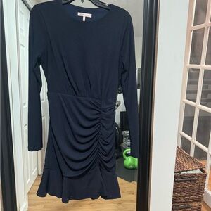 BCBG navy blue, long sleeve ruched mini
